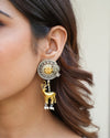 Dual-Tone Long Earrings with Hanging Deer Motif