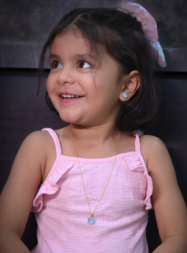 Kids Silver Bird Shaped Pendant And Earings