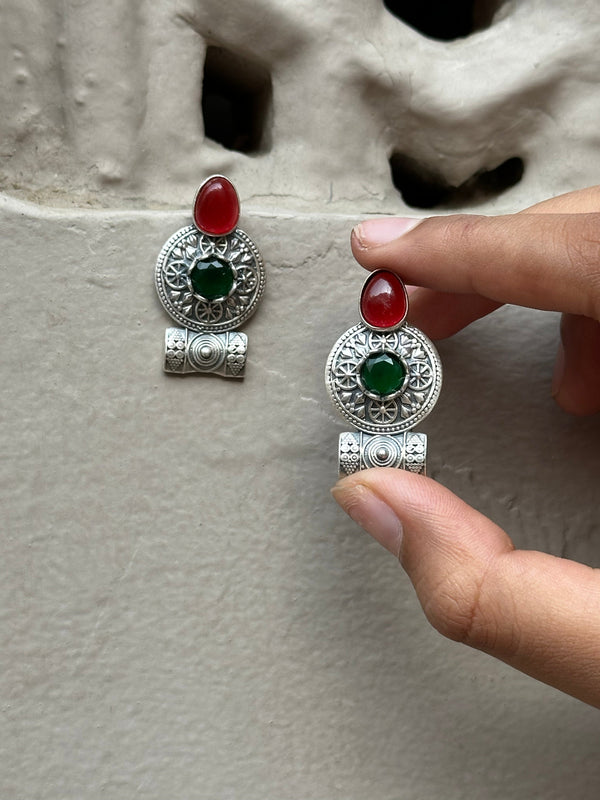 Handcrafted Tribal Silver Oxidised Earrings with Stone Detailing