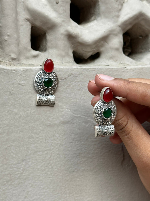 Handcrafted Tribal Silver Oxidised Earrings with Stone Detailing