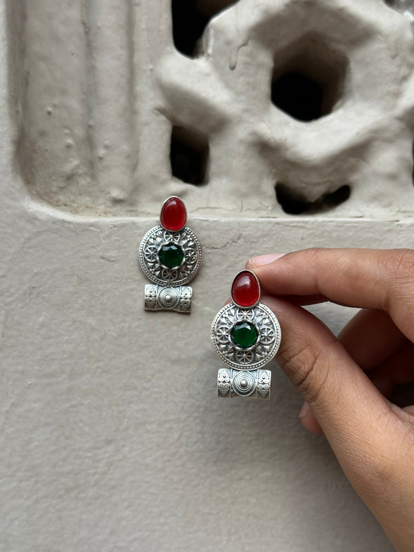 Handcrafted Tribal Silver Oxidised Earrings with Stone Detailing