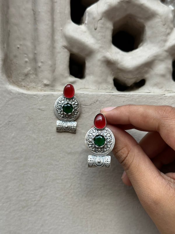 Handcrafted Tribal Silver Oxidised Earrings with Stone Detailing