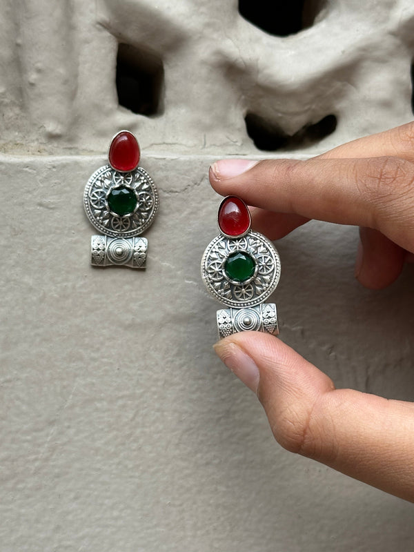 Handcrafted Tribal Silver Oxidised Earrings with Stone Detailing