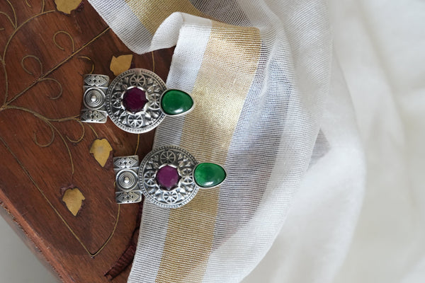 Traditional Oxidised Silver Earring with Green and Purple Stones