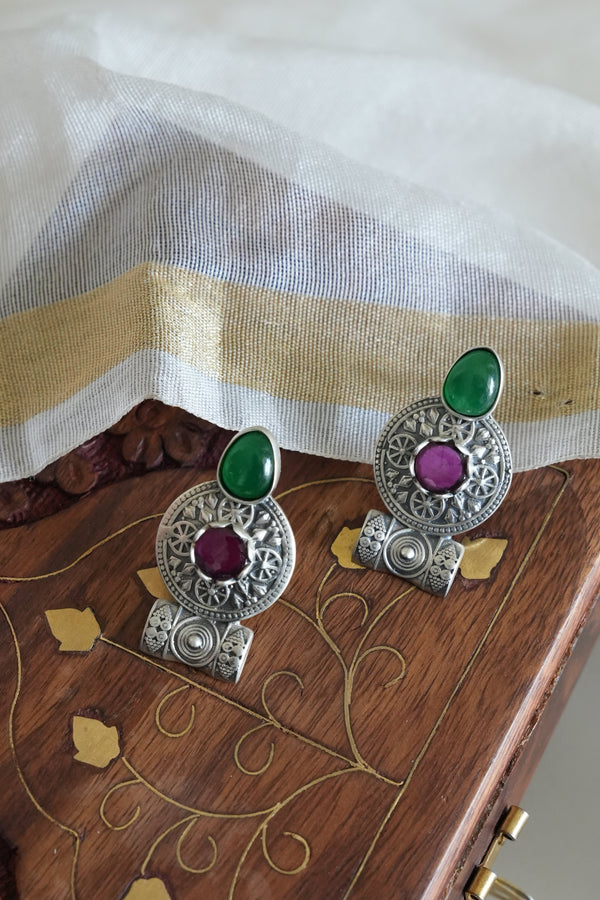 Traditional Oxidised Silver Earring with Green and Purple Stones