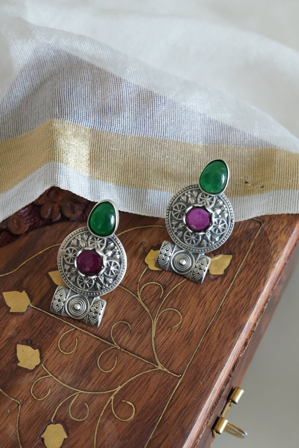 Traditional Oxidised Silver Earring with Green and Purple Stones