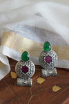 Traditional Oxidised Silver Earring with Green and Purple Stones