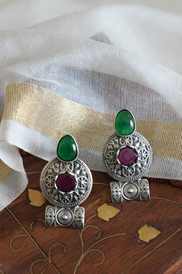 Traditional Oxidised Silver Earring with Green and Purple Stones