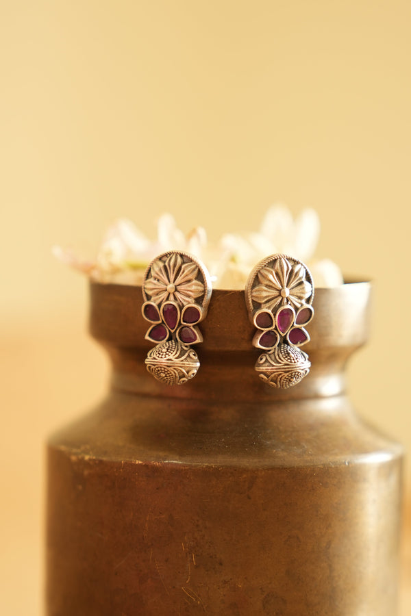 Floral Drop Oxidised Silver Earring with Purple Stone