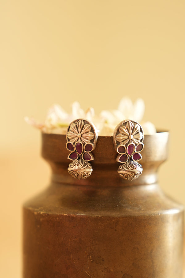 Floral Drop Oxidised Silver Earring with Purple Stone