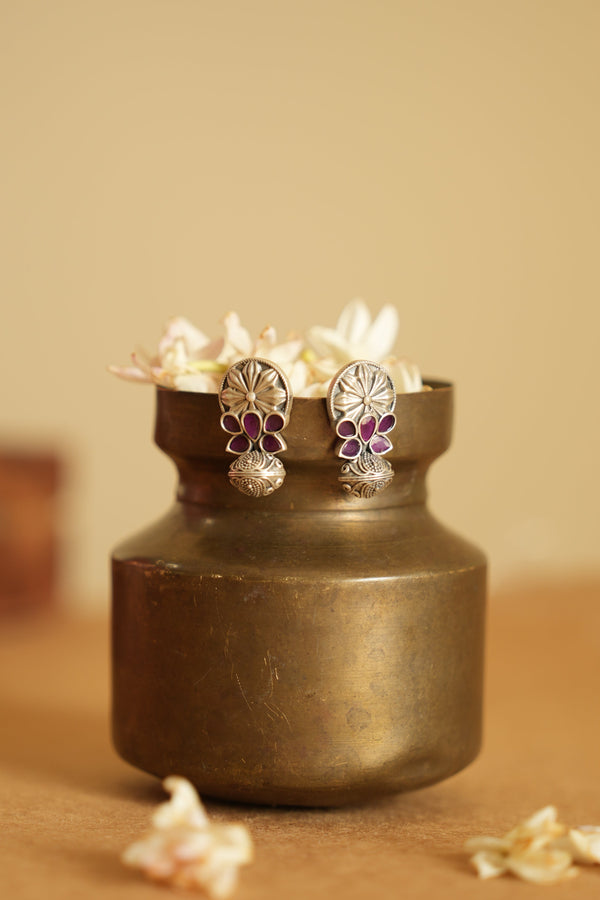 Floral Drop Oxidised Silver Earring with Purple Stone