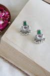 Statement Shell Motif Silver Earring with Green and Pink Stones