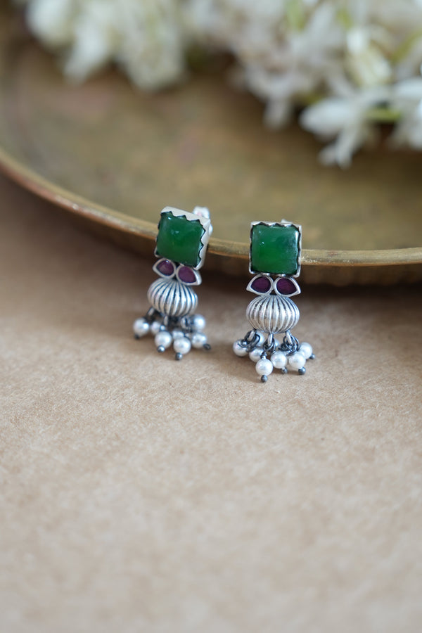 Green Stone Oxidised Silver Earrings with Pearl Drops