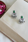 Statement Shell Motif Silver Earring with Green and Pink Stones