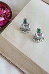 Statement Shell Motif Silver Earring with Green and Pink Stones