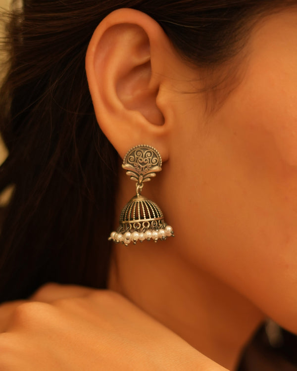 Classic Oxidised Silver Earrings With pearl Beads