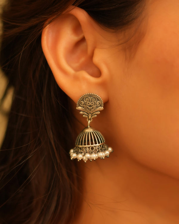 Classic Oxidised Silver Earrings With pearl Beads