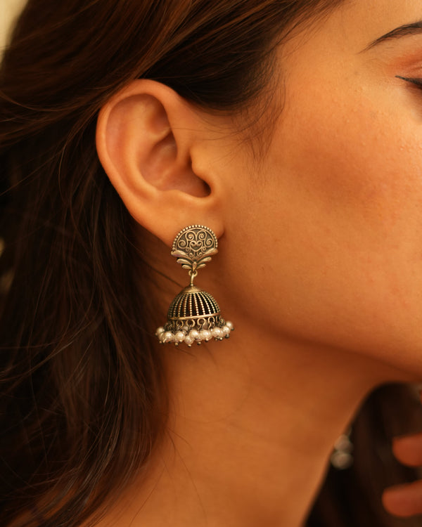 Classic Oxidised Silver Earrings With pearl Beads