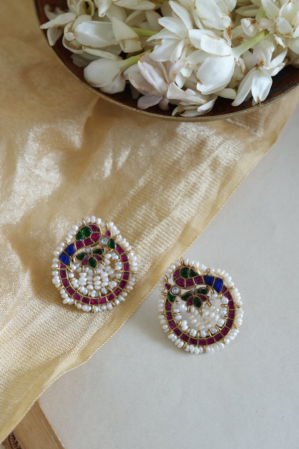 Colorful Meenakari Style Silver Earring with Pearls