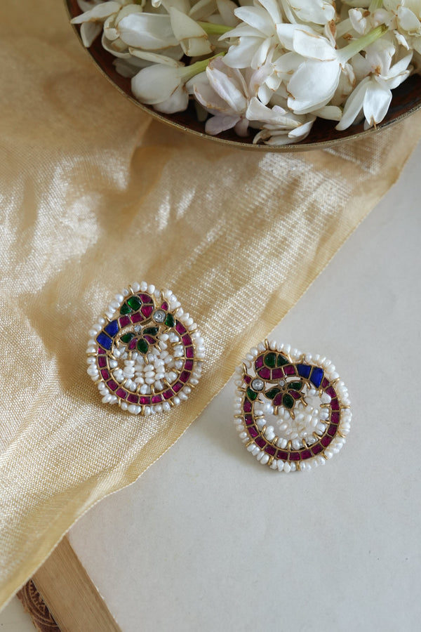 Colorful Meenakari Style Silver Earring with Pearls