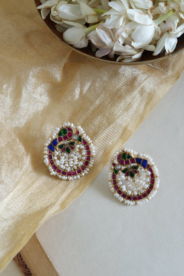 Colorful Meenakari Style Silver Earring with Pearls