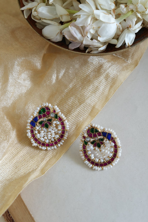 Colorful Meenakari Style Silver Earring with Pearls