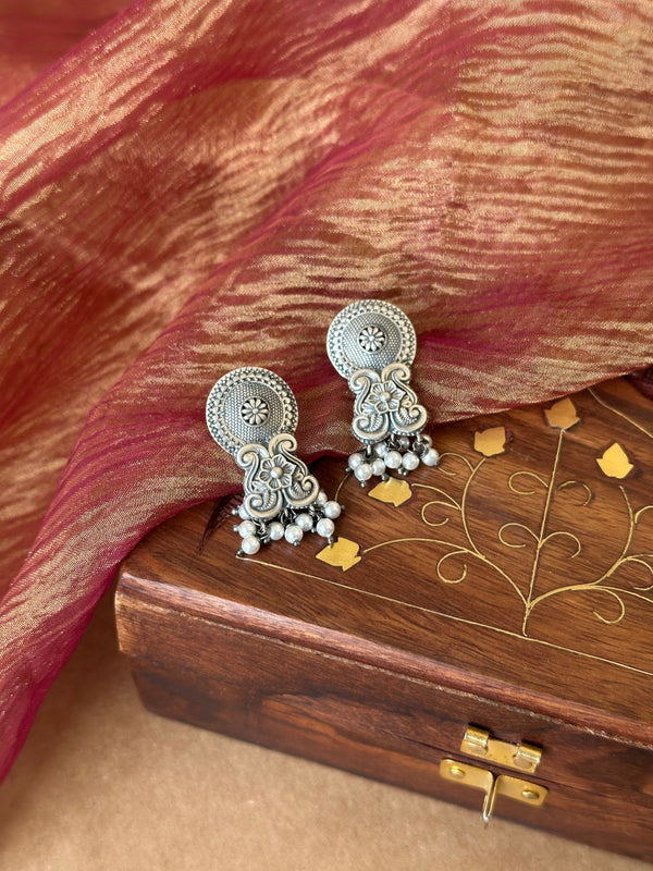 Floral Motif Silver Oxidised Earrings with Pearl Drops