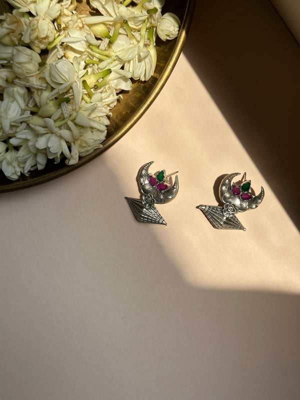 Chand Crescent Silver Oxidised Earrings with Floral Accents