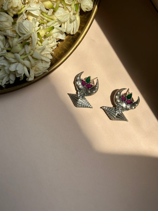 Chand Crescent Silver Oxidised Earrings with Floral Accents