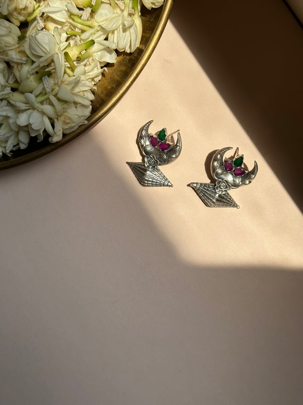 Chand Crescent Silver Oxidised Earrings with Floral Accents