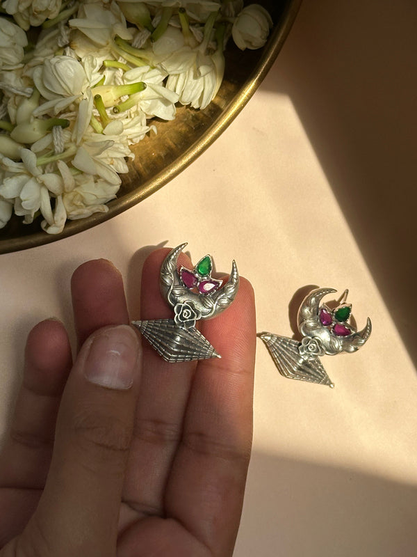 Chand Crescent Silver Oxidised Earrings with Floral Accents