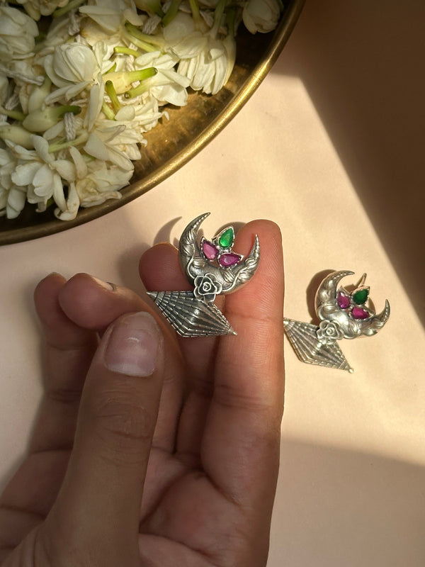 Chand Crescent Silver Oxidised Earrings with Floral Accents