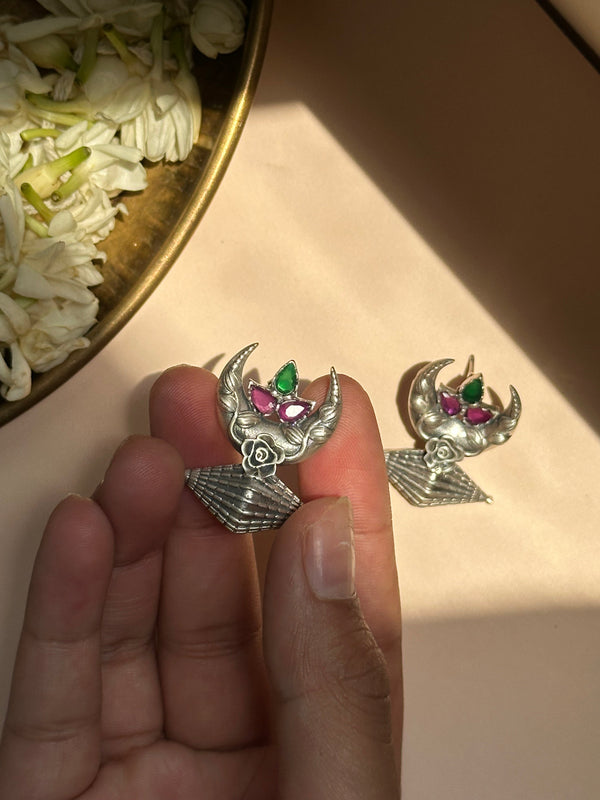 Chand Crescent Silver Oxidised Earrings with Floral Accents