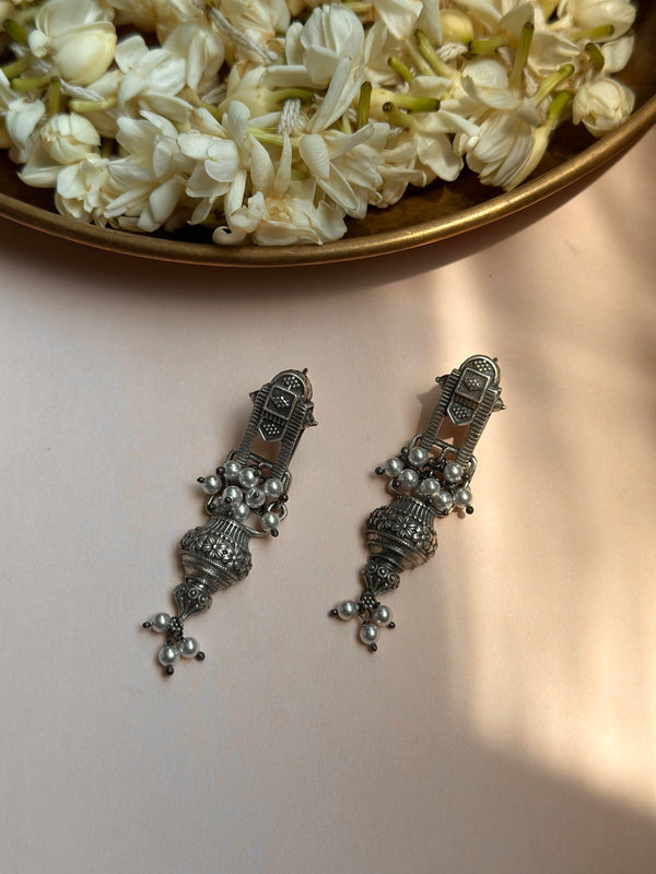 Temple-Inspired Silver Oxidised Earrings with Floral Jhumki Design