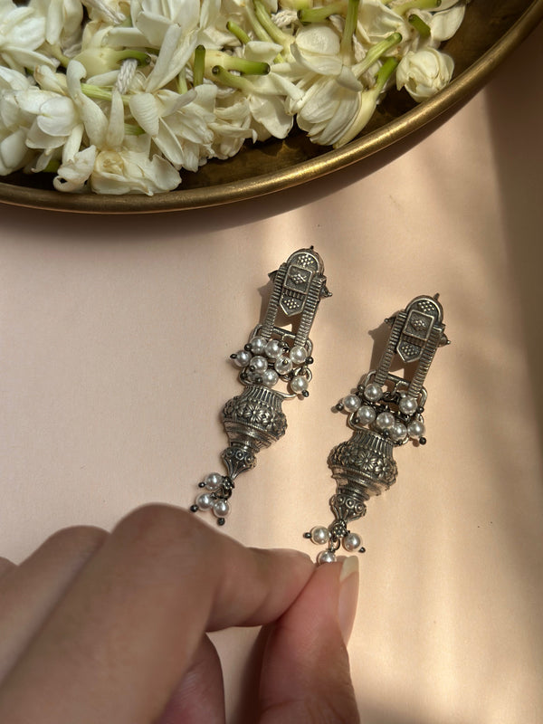 Temple-Inspired Silver Oxidised Earrings with Floral Jhumki Design