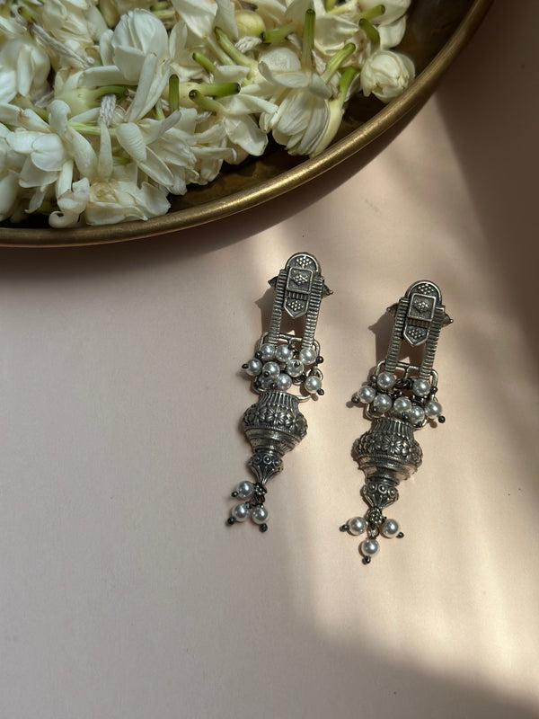 Temple-Inspired Silver Oxidised Earrings with Floral Jhumki Design
