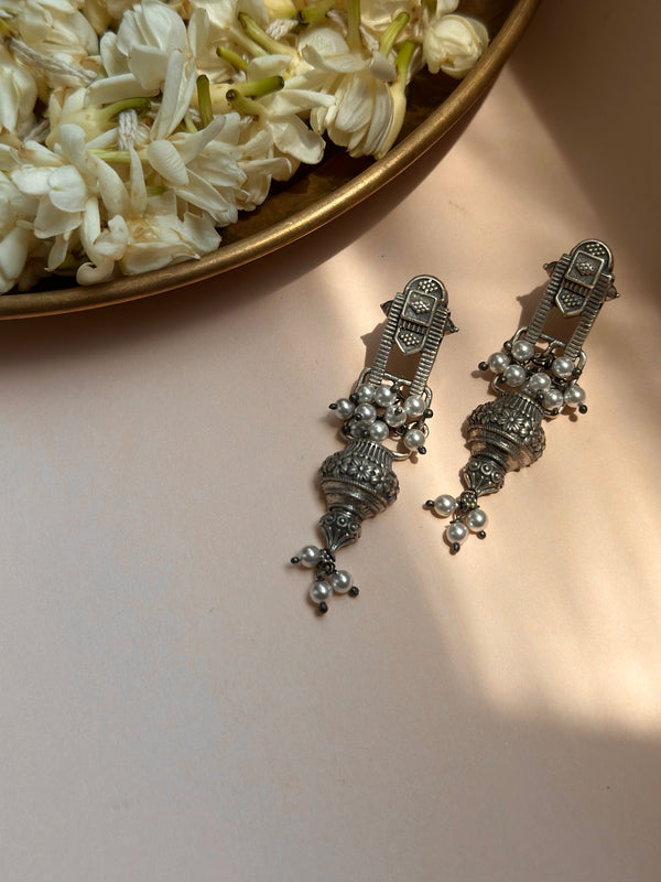 Temple-Inspired Silver Oxidised Earrings with Floral Jhumki Design