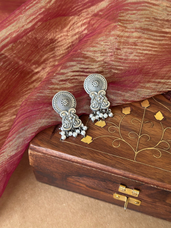 Floral Motif Silver Oxidised Earrings with Pearl Drops