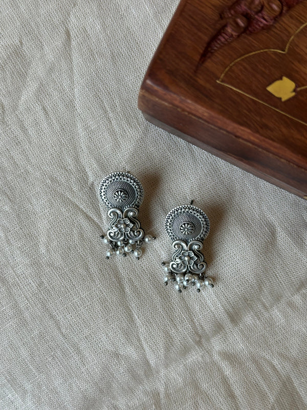 Floral Motif Silver Oxidised Earrings with Pearl Drops